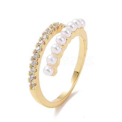 Clear Cubic Zirconia Open Cuff Ring with Acrylic Pearl Beaded RJEW-P032-15G-1