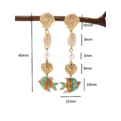 Ocean Theme 304 Stainless Steel Porcelain Shell Shape Dangle Stud Earrings FS-WGD34F1-05-1