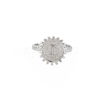 Non-Tarnish 304 Stainless Steel Flat Round with Initial Letter Open Cuff Ring for Men Women RJEW-S405-246P-I-1