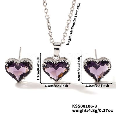 Brass Glass Heart Stud Earrings & Pendant Necklaces Sets for Women MH6858-3-1