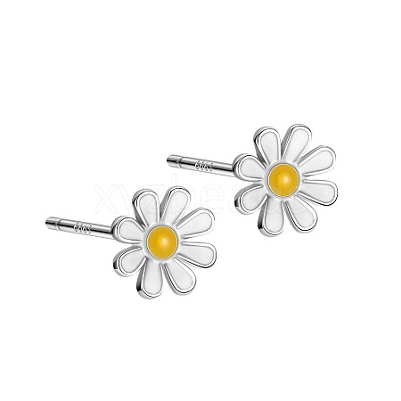 Anti-Tarnish Enamel Daisy Rhodium Plated 999 Sterling Silver Stud Earrings for Women EJEW-S215-12P-1