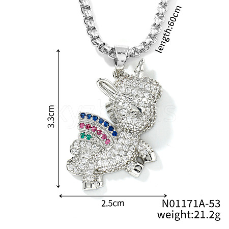 Cute Unicorn Fashion Brass Colorful Rhinestone Pendant Box Chain Necklaces DC0615-1-1