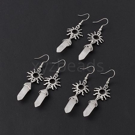 Natural Quartz Crystal Bullet with Sun Dangle Earrings EJEW-I276-01P-20-1