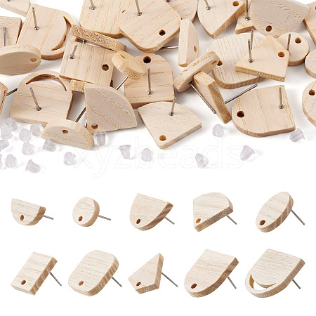  40Pcs 10 Styles Fan & Rectangle & Flat Round & Oval Ash Wood Stud Earring Findings EJEW-TA0001-18-1