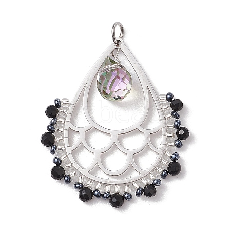 Boho Faceted Natural Black Onyx(Dyed & Heated) & Glass Teardrop Pendants PALLOY-MZ00407-1