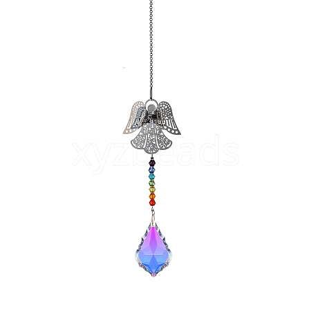 Glass Leaf Sun Catcher Hanging Prism Ornaments with Iron Angel HJEW-PW0002-14B-1