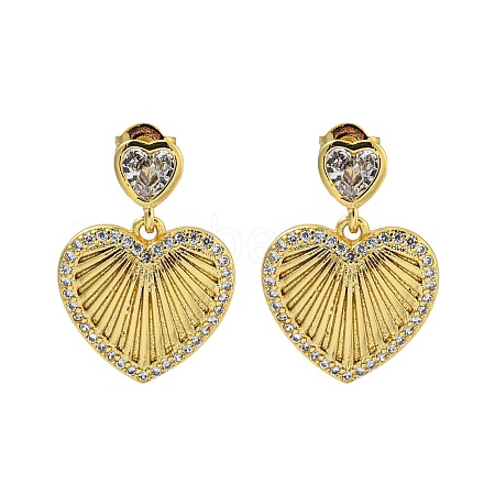 Heart Brass Pave Clear Cubic Zirconia Stud Earrings EJEW-N054-41G-1