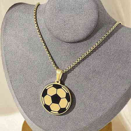 304 Stainless Steel Black Enamel Football Pendant Box Chain Necklaces NJEW-H055-05G-1