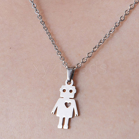 Non-Tarnish 201 Stainless Steel Robot with Heart Pendant Necklace NJEW-OY001-04-1