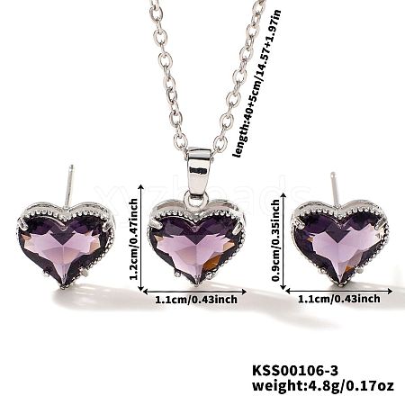 Brass Glass Heart Stud Earrings & Pendant Necklaces Sets for Women MH6858-3-1