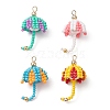 Handmade Umbrella Nylon Wired Glass Seed Beaded Pendants with Glass Pearl Round Bead and Brass Beads PALLOY-MZ00504-1