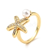 Cubic Zirconia Starfish with Imitation Pearl Open Cuff Ring RJEW-E046-05G-3