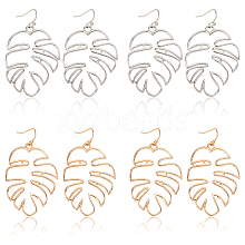 ANATTASOUL 4 Pairs 2 Colors Alloy Hollow Out Monstera Leaf Dangle Earrings for Women EJEW-AN0001-18