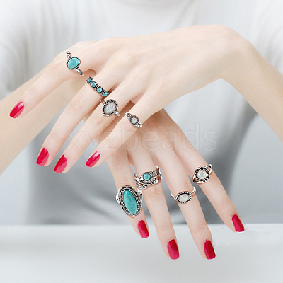 15Pcs 15 Style Oval & Teardrop & Feather Synthetic Turquoise Pendants Multi-layer Necklaces & Finger Rings SJEW-AN0001-43-1