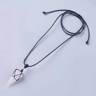 Natural Quartz Crystal Cone Braided Pendant Necklace NJEW-SZ0001-59A-1