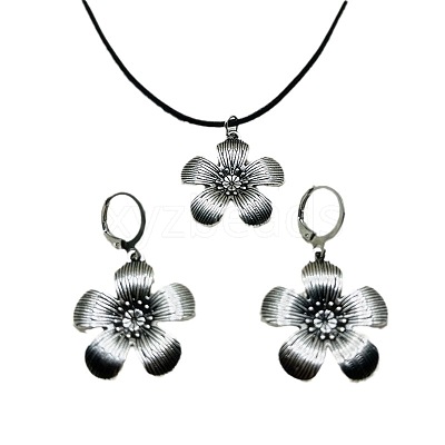 Flower Alloy with Imitation Leather Cord Pendant Necklace & Hoop Earring Sets FS-WGDD3CA-01-1
