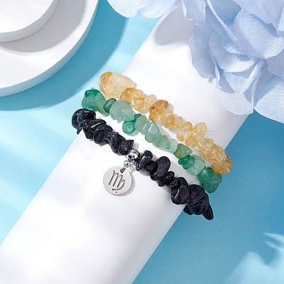 3Pcs 3 Styles Natural Citrine & Green Aventurine & Synthetic Blue Goldstone Chips Stretch Bracelets Sets BJEW-JB11076-08-1