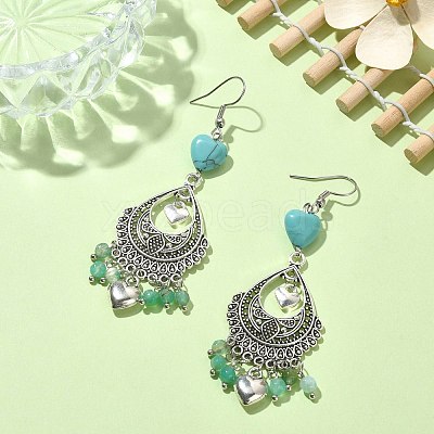 Natural Agate(Dyed) & Synthetic Turquoise Heart Chandelier Earrings EJEW-JE05364-03-1