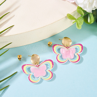 Brass Printing Acrylic Butterfly Dangle Stud Earrings EJEW-TA00672-1