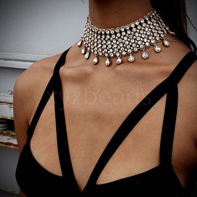 Alloy Full Crystal Rhinestone Teardrop Tassel Choker Necklaces for Women FS-WGE797D-01-1