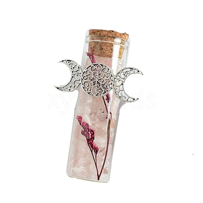 Natural Rose Quartz Chip Healing Crystals Wishing Bottles with Alloy Triple Moon Decor PW-WGD8D42-05-1