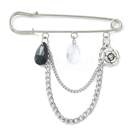 Faceted Teardrop & Alloy Flower Charm Safety Pin Brooch JEWB-BR00110-1