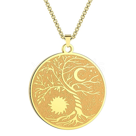 Stainless Steel Viking Moon Sun Tree of Life Flat Round Pendant Box Chain Necklaces PW-WG93B99-02-1