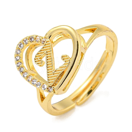 Heart with Letter Rack Plating Brass Micro Pave Cubic Zirconia Adjustable Rings for Women RJEW-I105-06G-Z-1