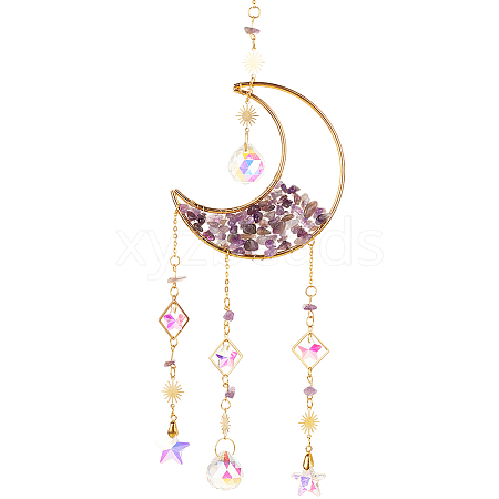 1Pc Alloy & Natural Gemstone Chips Moon Hanging Ornaments HJEW-BBC0001-17C-1