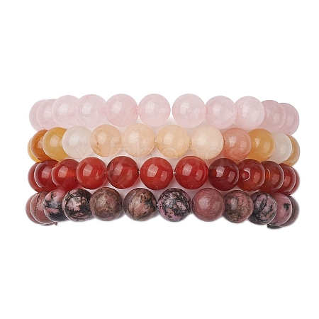 4Pcs Constellation 8mm Round Natural Rhodonite & Rose Quartz & Dyed Jade & Carnelian Beaded Stretch Bracelets for Women BJEW-JB10642-1