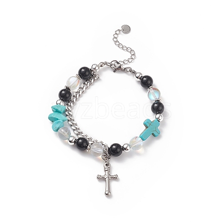 Natural & Synthetic Mixed Stone Beaded Bracelet with Cross Charm BJEW-TA00184-03-1