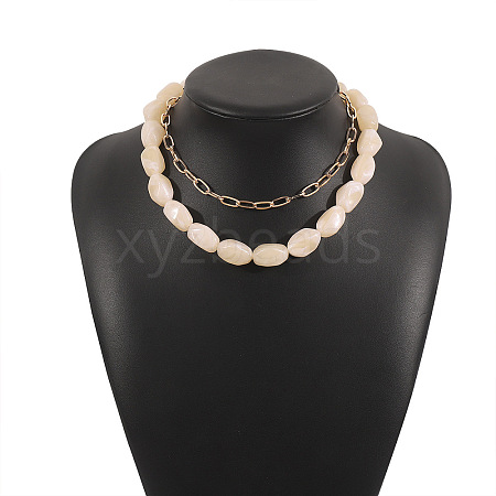 Opaque Resin Oval Beaded Alloy Paperclip Chain Double Layer Necklaces FS-WG06472-03-1