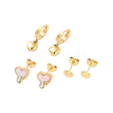 Ion Plating(IP) 3Pairs 3 Styles 304 Stainless Steel Heart Earrings EJEW-A114-07G-1