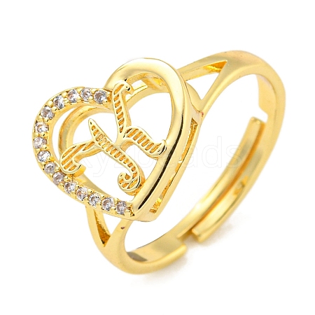 Heart with Letter Rack Plating Brass Micro Pave Cubic Zirconia Adjustable Rings for Women RJEW-I105-06G-K-1