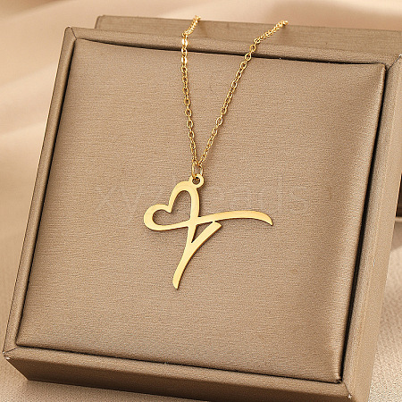 304 Stainless Steel Heart Initial Pendant Necklaces for Women Men FS-WG51A4F-14-1