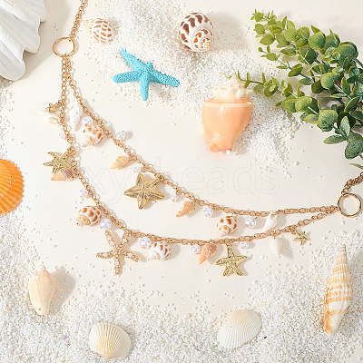 1Pc Starfish Shell Alloy & Resin & Natural Shell Double Layer Tassel Summer Beach Waist Chains for Sexy Bikini AJEW-CY0001-94-1