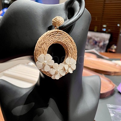 Bohemian Style Raffia & Cloth Dangle Stud Earrings FS-WG07AB6-01-1