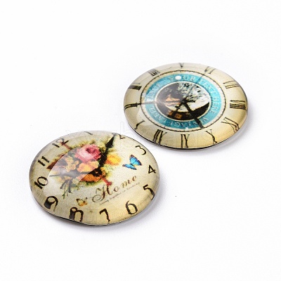 Clock Printed Glass Cabochons GGLA-A002-20mm-YY-1