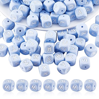 20Pcs Blue Cube Letter Silicone Beads 12x12x12mm Square Dice Alphabet Beads with 2mm Hole Spacer Loose Letter Beads for Bracelet Necklace Jewelry Making JX434M-1