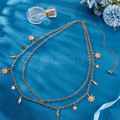 Alloy Moon Sun Star Double Layer Tassel Waist Chains AJEW-GF0013-25G-1