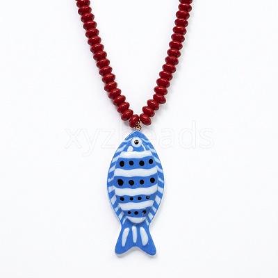 Summer Beach Resin Blue Fish Pendant Rondelle Beaded Necklaces for Women WG3A5E5-03-1
