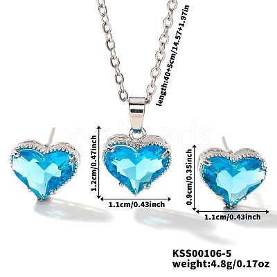 Brass Glass Heart Stud Earrings & Pendant Necklaces Sets for Women MH6858-5-1