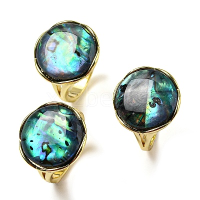 Natural Paua Shell Flat Round Open Cuff Ring RJEW-H220-04G-1