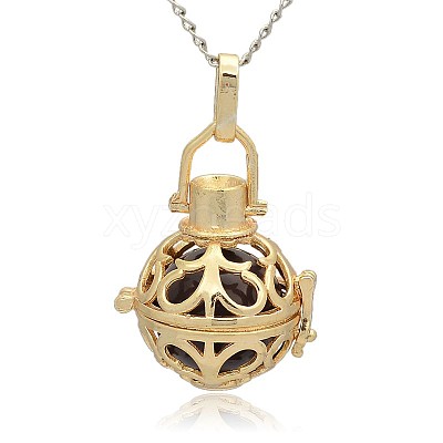 Golden Tone Brass Hollow Round Cage Pendants KK-J235-03G-1