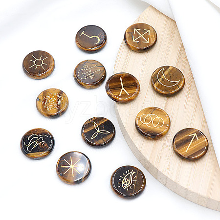 13Pcs Flat Round Carved Natural Tiger Eye Rune Stones PW-WG5B00E-02-1