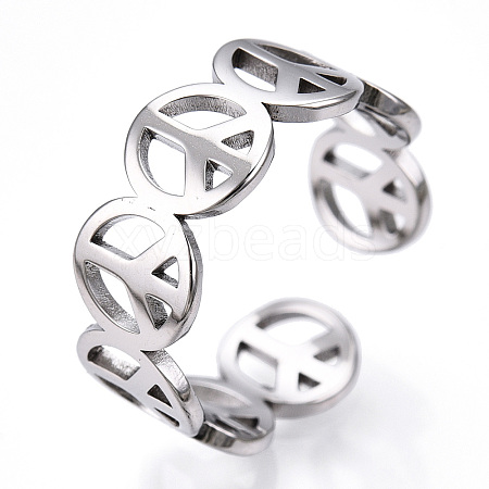 304 Stainless Steel Peace Sign Open Cuff Ring for Women RJEW-T027-08P-1