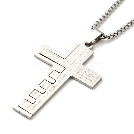 Non-Tarnish Cross with Word 304 Stainless Steel Pendant Necklace with Box Chains NJEW-F319-02P-1