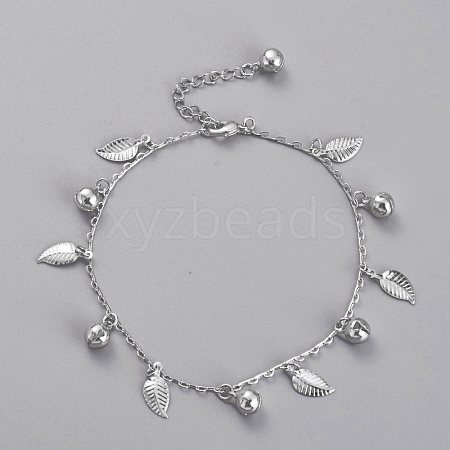 Brass Textured Leaf Charm Anklets AJEW-B005-07P-1