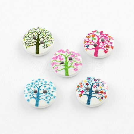 2-Hole Tree Pattern Printed Wooden Buttons X-BUTT-R033-013-1
