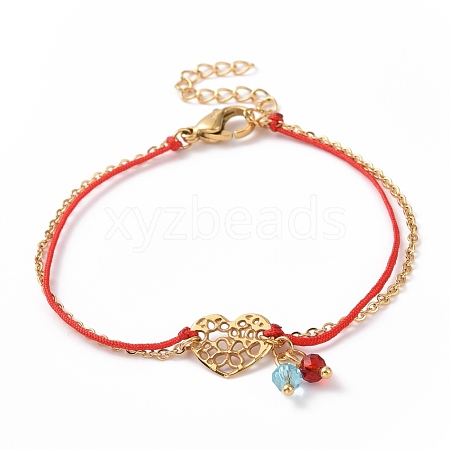 Gold Plated 304 Stainless Steel Heart Link Bracelet with Glass Beads Charms for Women STAS-E154-05G-02-1